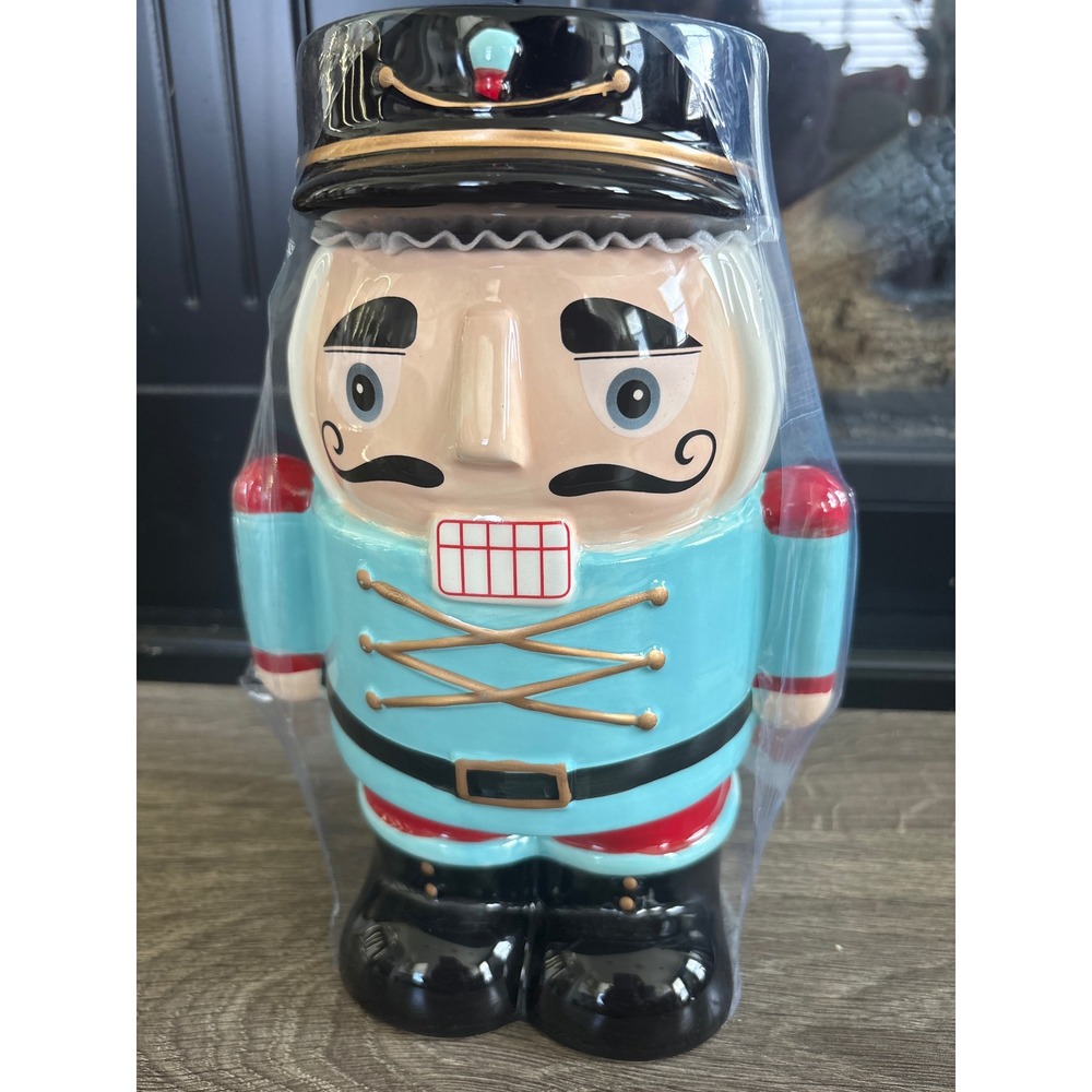 Sleigh Bell Bistro Nutcracker Cookie Jar Blue Ceramic Holiday Decor 10.5 Inch